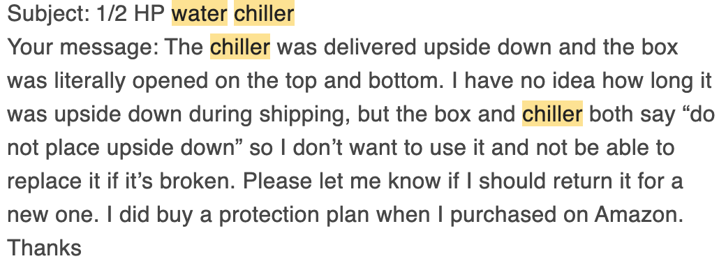 Bennett Carby's email to Active Aqua expressing concerns of improper delivery of the Active Aqua Chiller 1/2 HP.